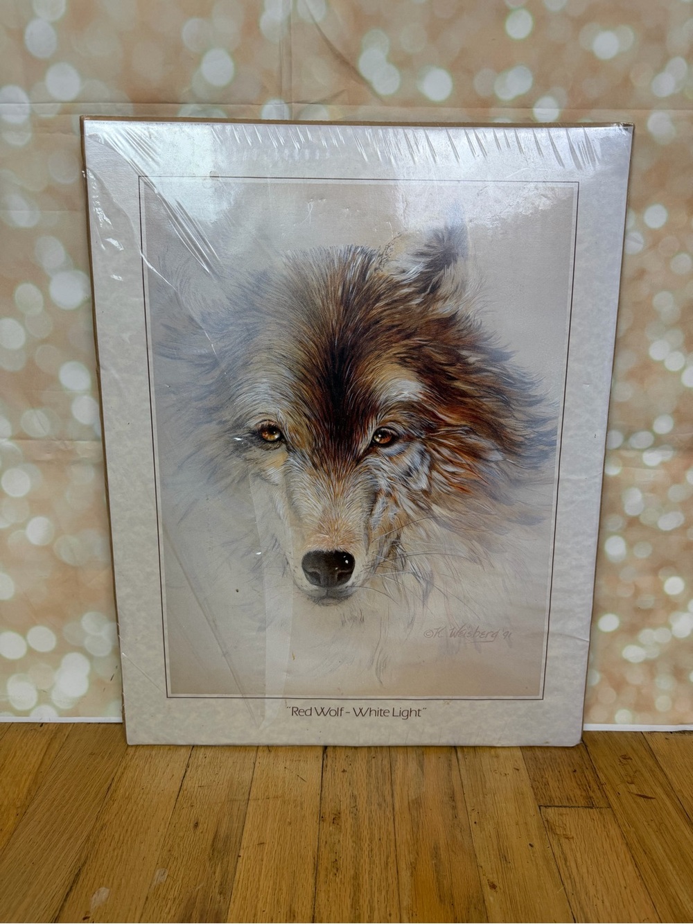 16" x 20" RED WOLF WHITE LIGHT 1991 Leaning Tree Print. by, KATHRYN WEISBERG